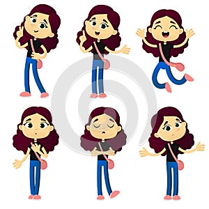 Set of emotions cute young girl, cartoon style